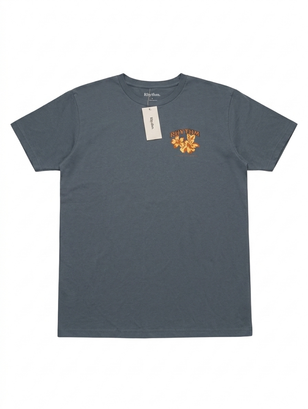 Rhythm Men's Slate Blue Tee with Orange Floral Chest Graphic New Size L